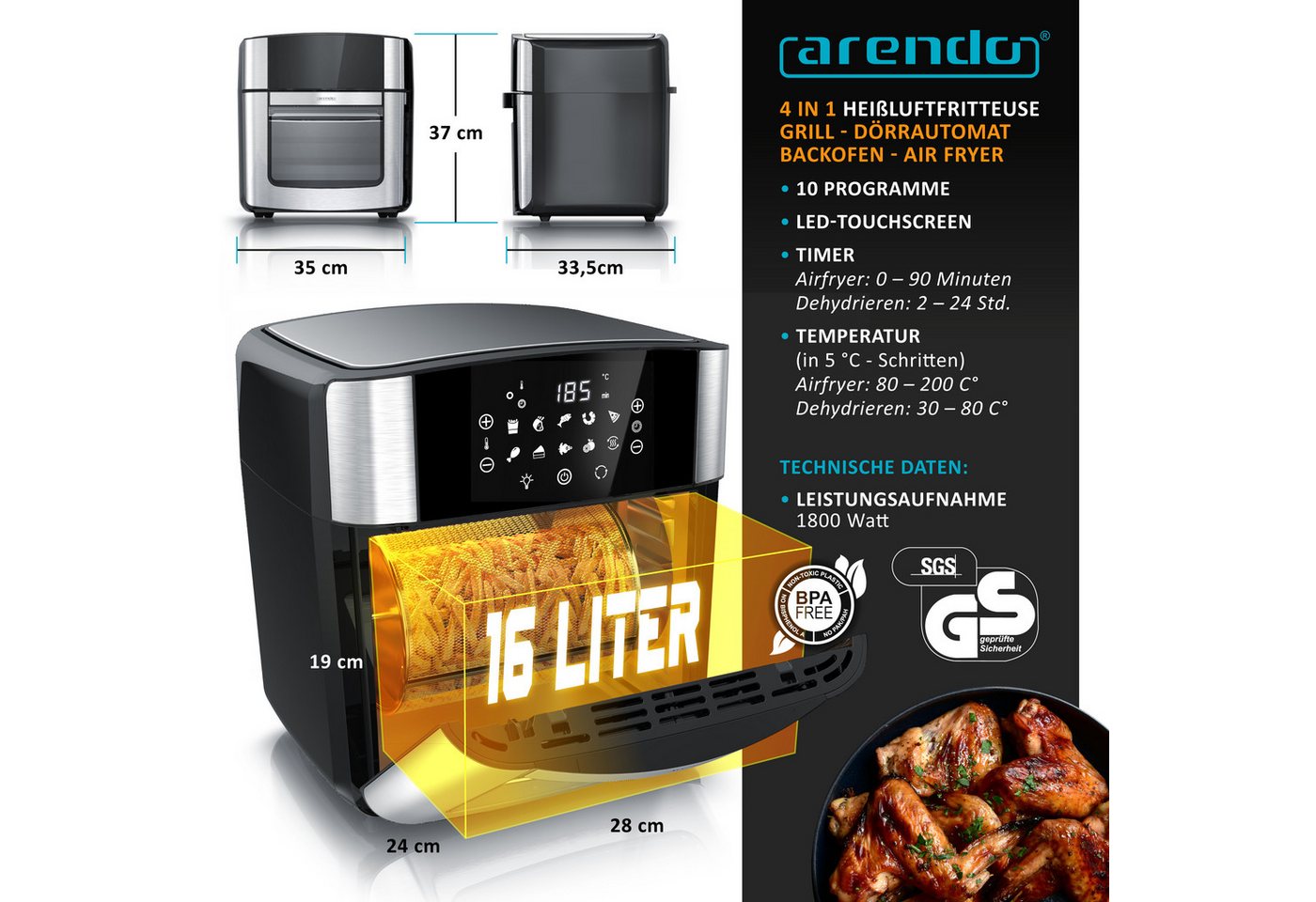 Arendo Heißluftfritteuse Multifunktionsofen 16L, Backofen Umluft, Grill, Dörrautomat, Air Fryer, 1800 W, XXL Fritteuse ohne Öl mit Zubehör für Pizza, Hähnchen,  – Bild 2 von 5