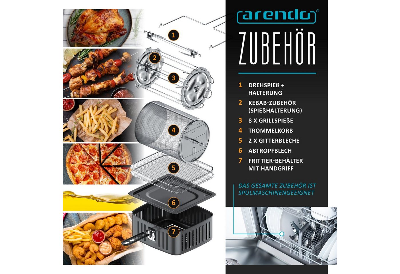 Arendo Heißluftfritteuse Multifunktionsofen 16L, Backofen Umluft, Grill, Dörrautomat, Air Fryer, 1800 W, XXL Fritteuse ohne Öl mit Zubehör für Pizza, Hähnchen,  – Bild 3 von 5