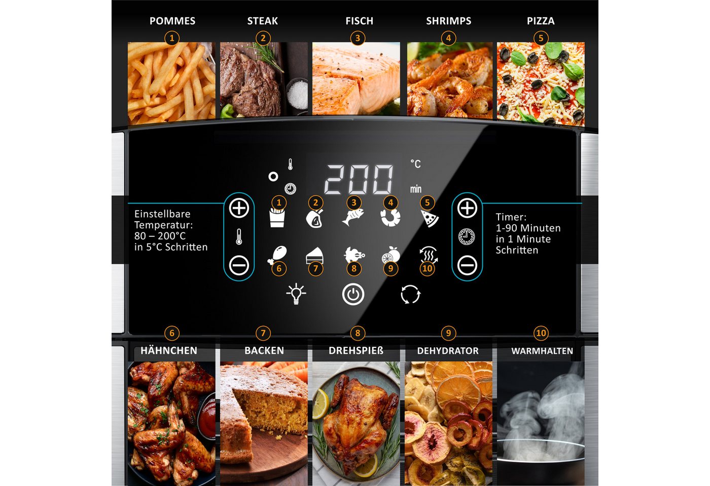 Arendo Heißluftfritteuse Multifunktionsofen 16L, Backofen Umluft, Grill, Dörrautomat, Air Fryer, 1800 W, XXL Fritteuse ohne Öl mit Zubehör für Pizza, Hähnchen,  – Bild 4 von 5