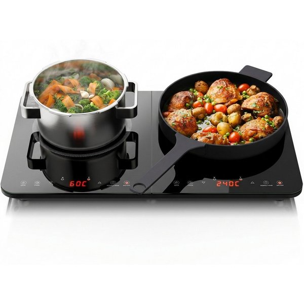 Arendo Induktions-Kochfeld Doppel-Induktionskochplatte 2 Platten, 3500 W, Glaskeramik, 2 Timer bis 4 h, Touch, automatische Topferkennung, Überhitzungsschutz