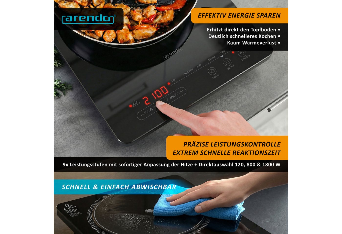 Arendo Induktions-Kochfeld Einzelkochplatte 6 Programme, Timer, Touch, Automatische Erkennung der Topfgröße, 6 Programme, Timer, Touch, Automatische Erkennung d – Bild 4 von 5