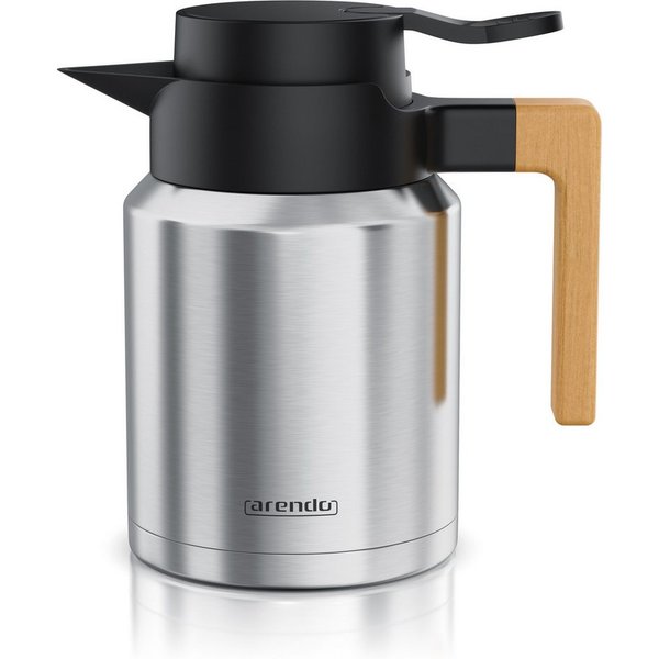 Arendo Isolierkanne Thermoskanne 1,2L Edelstahl mit Holzgriff, doppelwandig, auslaufsicher, 1,2 l, (1-St), 1200 ml, abnehmbarer Deckel, Quick-Tip-Verschluss, BP