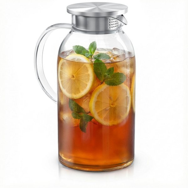 Arendo Karaffe Glaskaraffe 1,8 Liter mit Deckel aus lebensmittelechtem Edelstahl, (Packung, 1-tlg., 1x Glaskaraffe mit Edelstahldeckel), Wasserkaraffe, Borosili