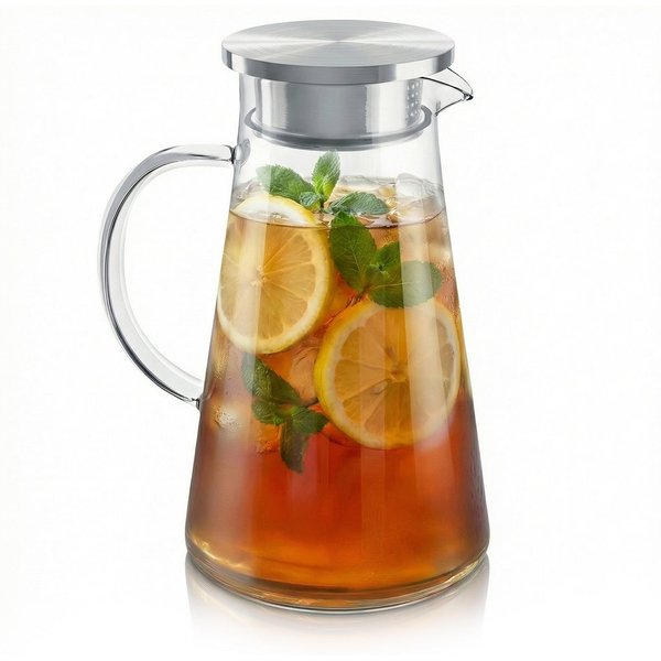 Arendo Karaffe Glaskaraffe 1,9 Liter mit Deckel aus lebensmittelechtem Edelstahl, (1-tlg), Wasserkaraffe, Borosilikatglas, 1900 ml, Sieb, BPA-frei