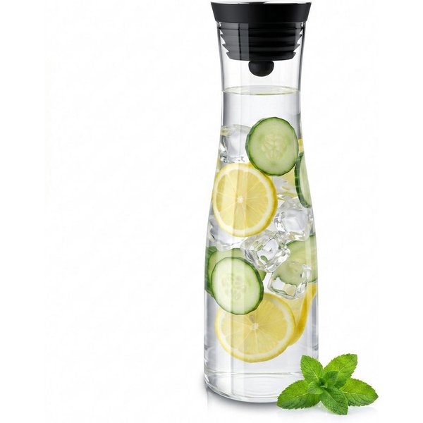 Arendo Karaffe Glaskaraffe 1700 ml mit Deckel, Wasserkaraffe mit Edelstahl Grobfilter, (1-tlg), Borosilikatglas, 1,7 L, Sieb, hitze- und kältebeständig, BPA-fre