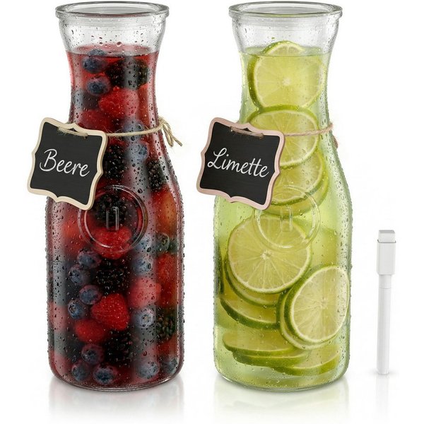 Arendo Karaffe Glaskaraffe mit Deckel, Wasserkaraffe, Glaskrug 2er Set 1L, (2-tlg), Kalt- und Warmgetränke, 1000 ml, hochwertiges, robustes Klarglas