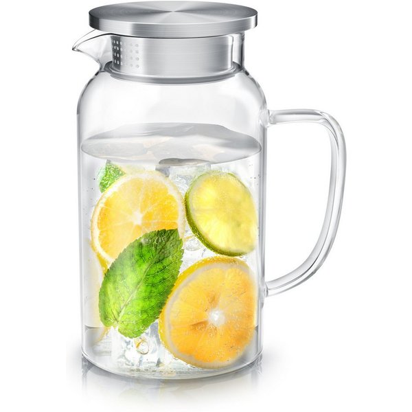 Arendo Karaffe Glaskaraffe mit Deckel aus lebensmittelechtem Edelstahl, Wasserkaraffe, (1-tlg), Borosilikatglas, 1450 ml, Sieb, hitze- und kältebeständig, BPA-f