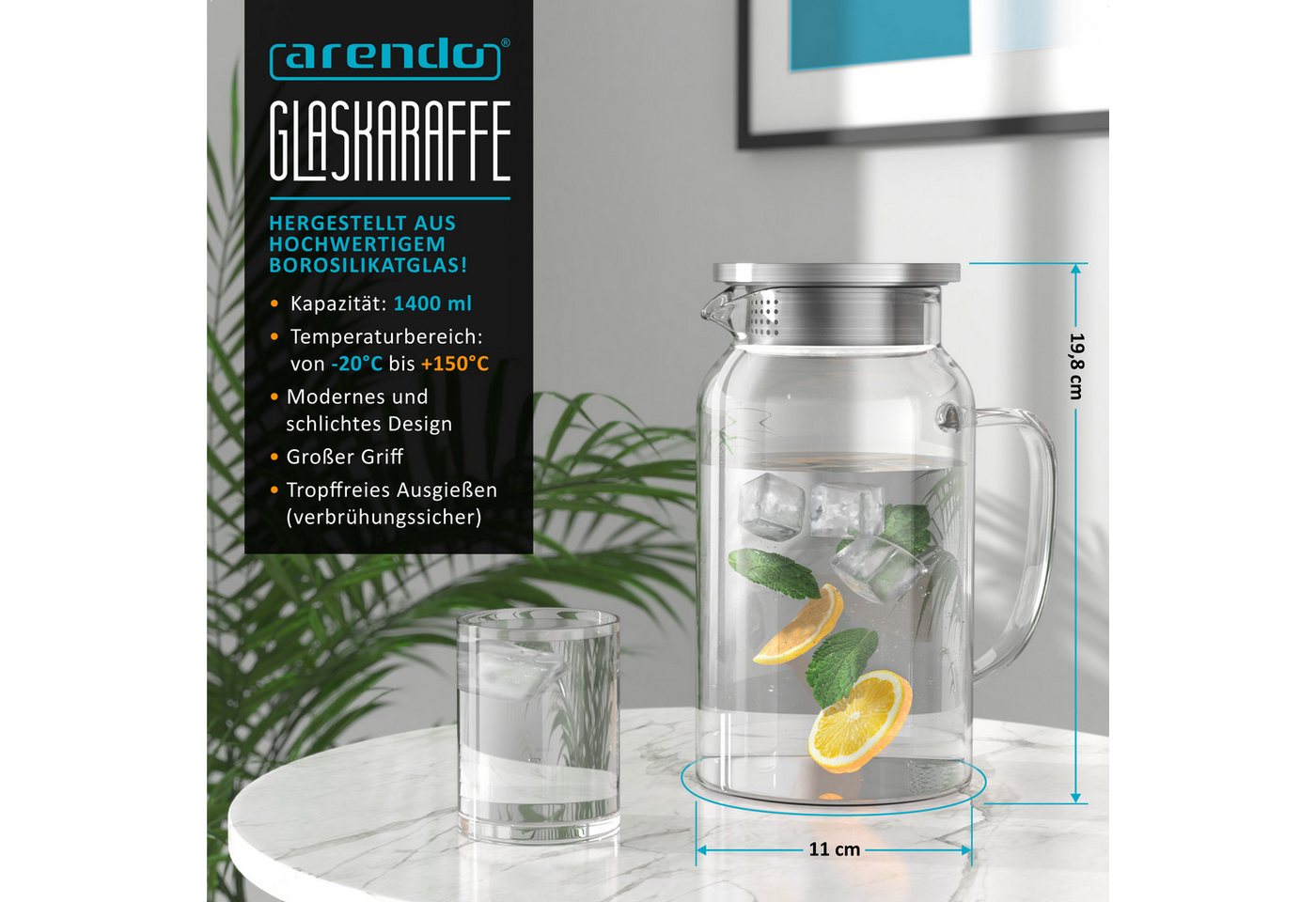 Arendo Karaffe Glaskaraffe mit Deckel aus lebensmittelechtem Edelstahl, Wasserkaraffe, (1-tlg), Borosilikatglas, 1450 ml, Sieb, hitze- und kältebeständig, BPA-f – Bild 2 von 5