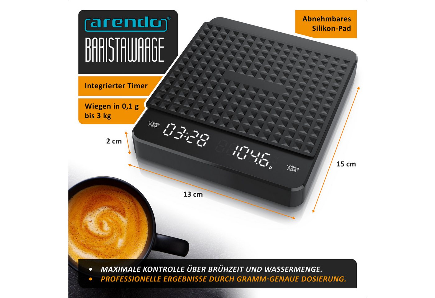 Arendo Küchenwaage digitale Kaffewaage, 3kg max., Baristawaage, Feinwaage 0,1 g Auflösung, (1-tlg), USB aufladbar, für Kaffee Espresso Shot Tee Gewürze Backzuta – Bild 2 von 5