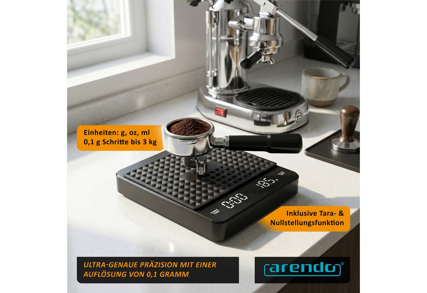 Arendo Küchenwaage digitale Kaffewaage, 3kg max., Baristawaage, Feinwaage 0,1 g Auflösung, (1-tlg), USB aufladbar, für Kaffee Espresso Shot Tee Gewürze Backzuta – Bild 3 von 5
