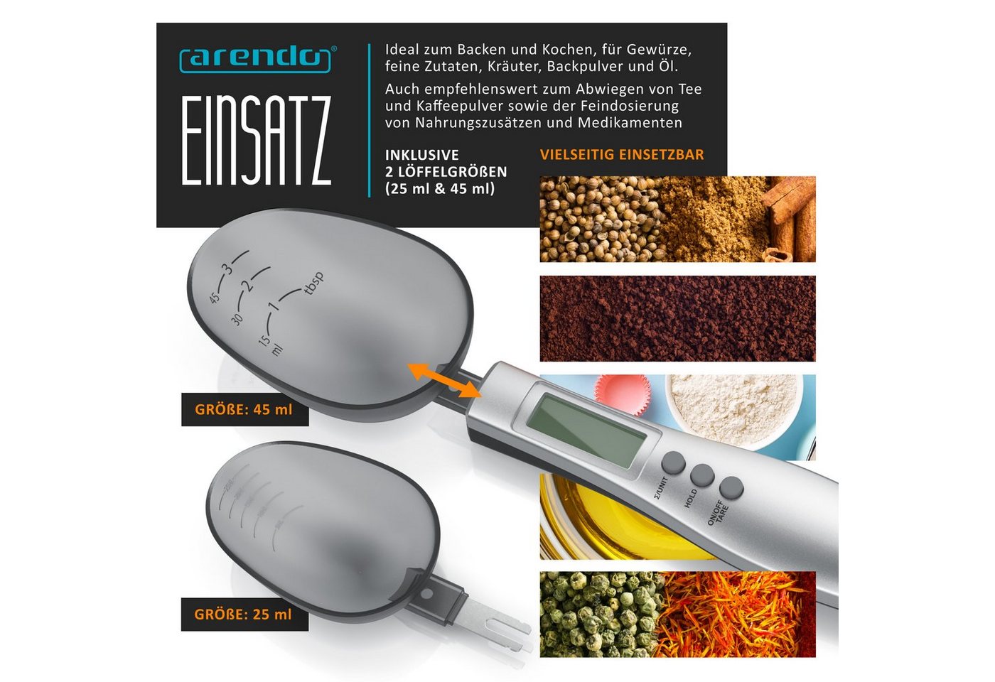 Arendo Löffelwaage digital 0,1g, Küchenwaage, Feinwaage, LCD-Anzeige, 2 abnehmbare Löffel, (1-tlg), Summierfunktion, für Gewürze, Proteinpulver, Milchpulver, Ba – Bild 3 von 5