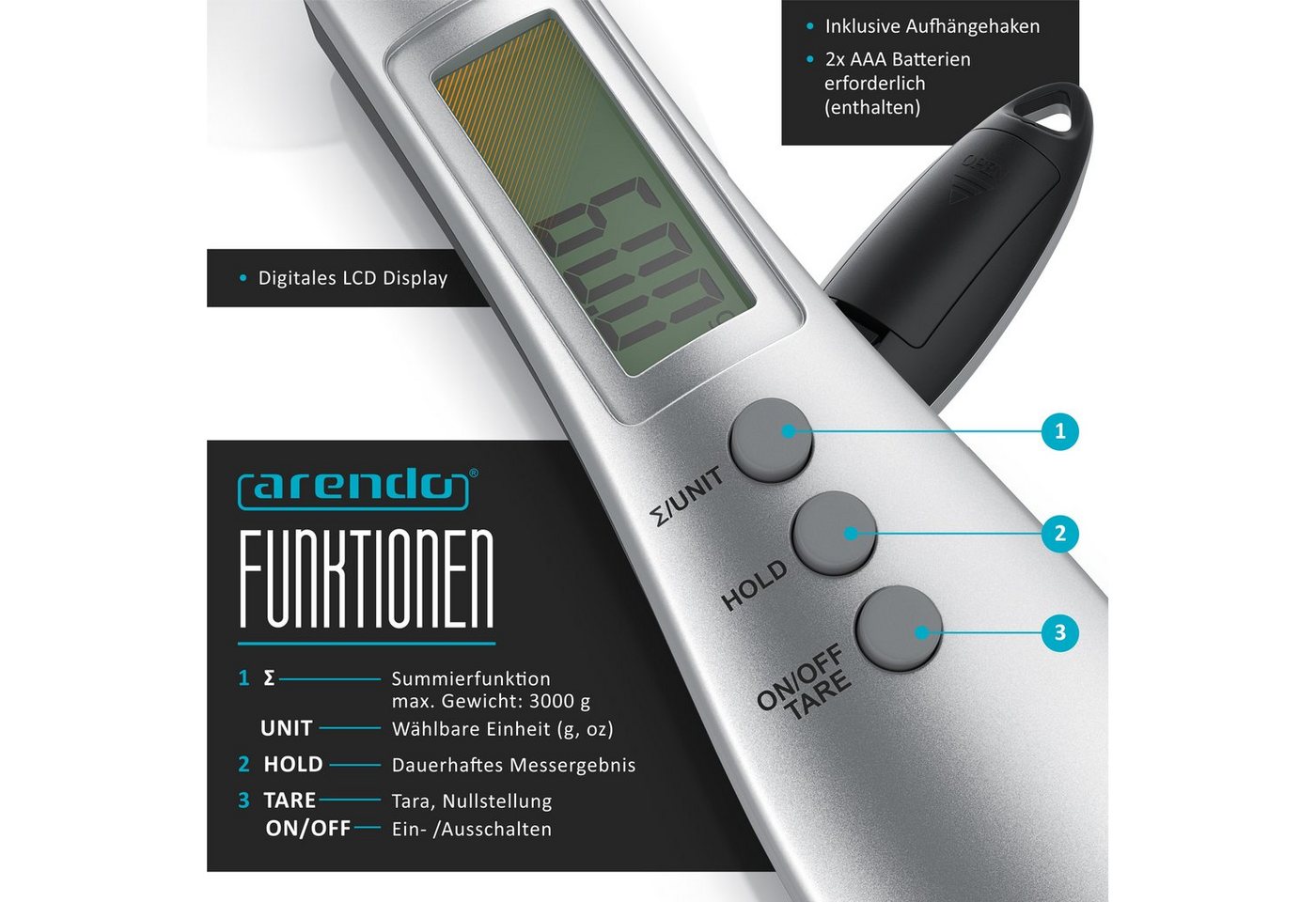 Arendo Löffelwaage digital 0,1g, Küchenwaage, Feinwaage, LCD-Anzeige, 2 abnehmbare Löffel, (1-tlg), Summierfunktion, für Gewürze, Proteinpulver, Milchpulver, Ba – Bild 4 von 5