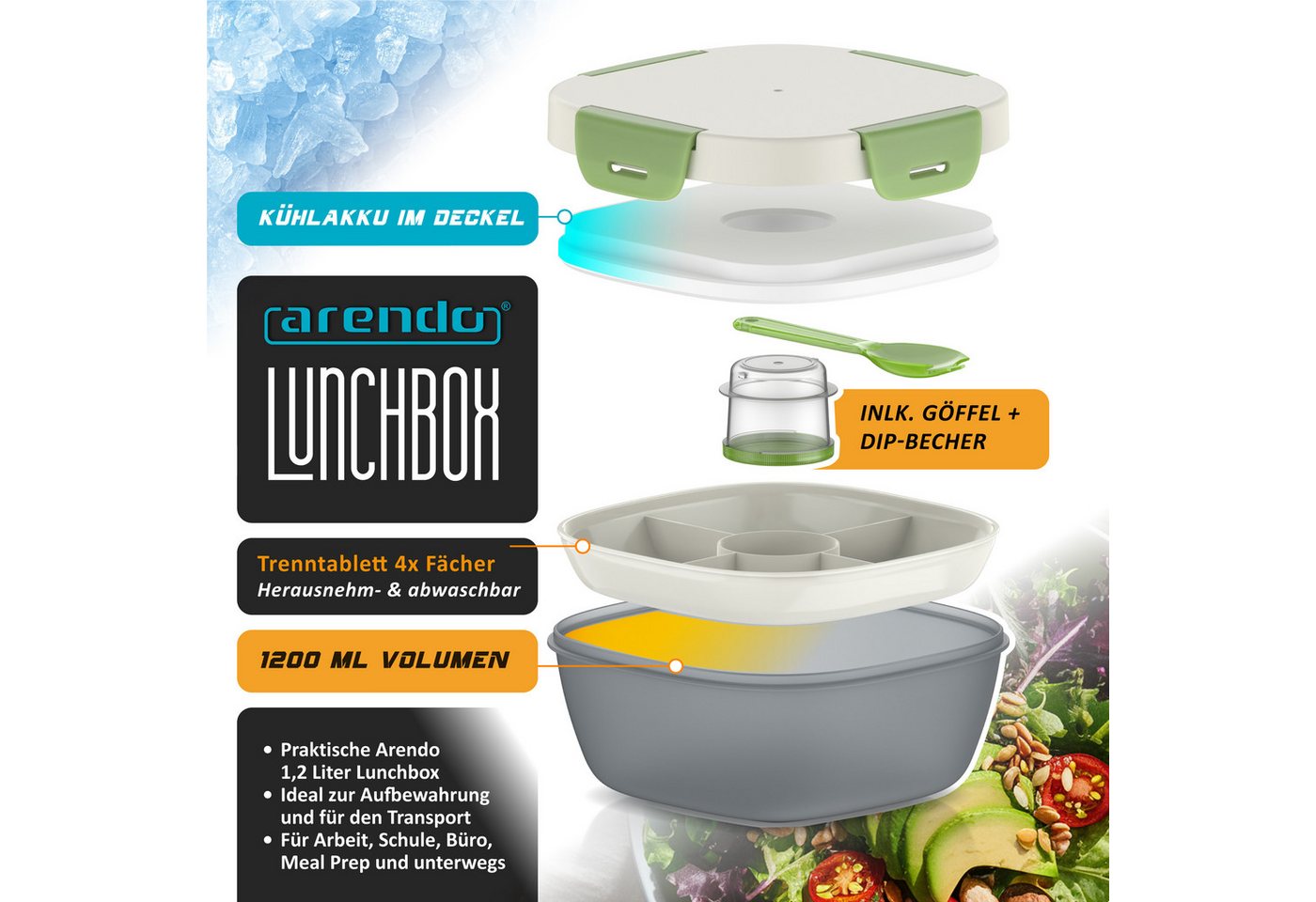 Arendo Lunchbox Meal Prep Box 1,2 l mit Kühlakku, Trenntablett & Spork, Brotdose rund, Kunststoff, (1-tlg., 2 Trennstege, 2 Silikondichtungen), Klickverschluss, – Bild 2 von 5