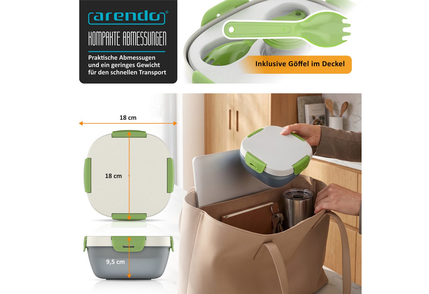 Arendo Lunchbox Meal Prep Box 1,2 l mit Kühlakku, Trenntablett & Spork, Brotdose rund, Kunststoff, (1-tlg., 2 Trennstege, 2 Silikondichtungen), Klickverschluss, – Bild 3 von 5