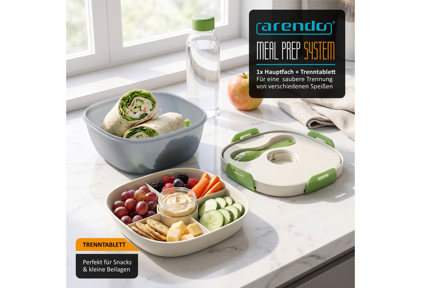 Arendo Lunchbox Meal Prep Box 1,2 l mit Kühlakku, Trenntablett & Spork, Brotdose rund, Kunststoff, (1-tlg., 2 Trennstege, 2 Silikondichtungen), Klickverschluss, – Bild 4 von 5