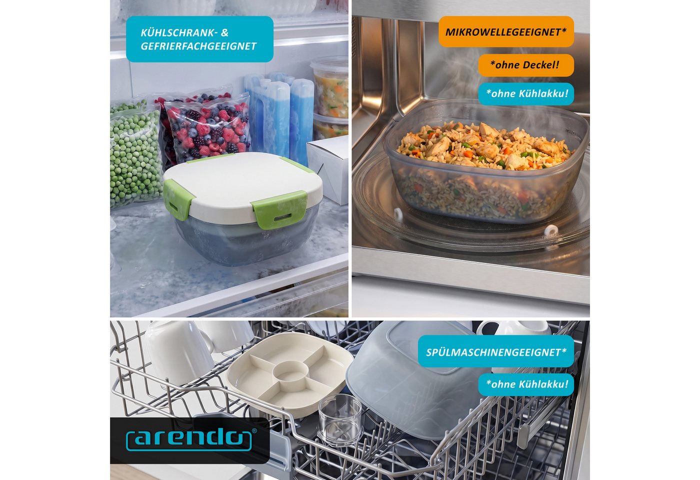 Arendo Lunchbox Meal Prep Box 1,2 l mit Kühlakku, Trenntablett & Spork, Brotdose rund, Kunststoff, (1-tlg., 2 Trennstege, 2 Silikondichtungen), Klickverschluss, – Bild 5 von 5
