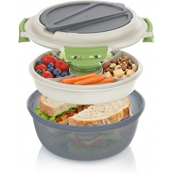 Arendo Lunchbox Meal Prep Box 1,2l, rund, luftdicht, Brotdose mit Trenntablett & Spork, Kunststoff, (1-tlg., 2 Trennstege, 2 Silikondichtungen), für Erwachsene,