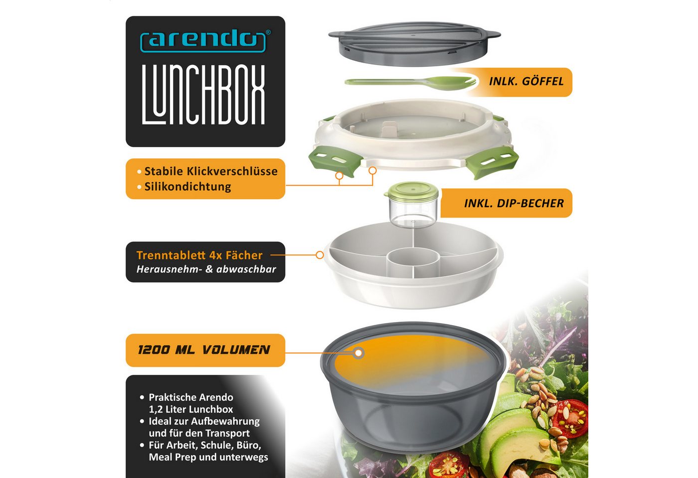 Arendo Lunchbox Meal Prep Box 1,2l, rund, luftdicht, Brotdose mit Trenntablett & Spork, Kunststoff, (1-tlg., 2 Trennstege, 2 Silikondichtungen), für Erwachsene, – Bild 2 von 5
