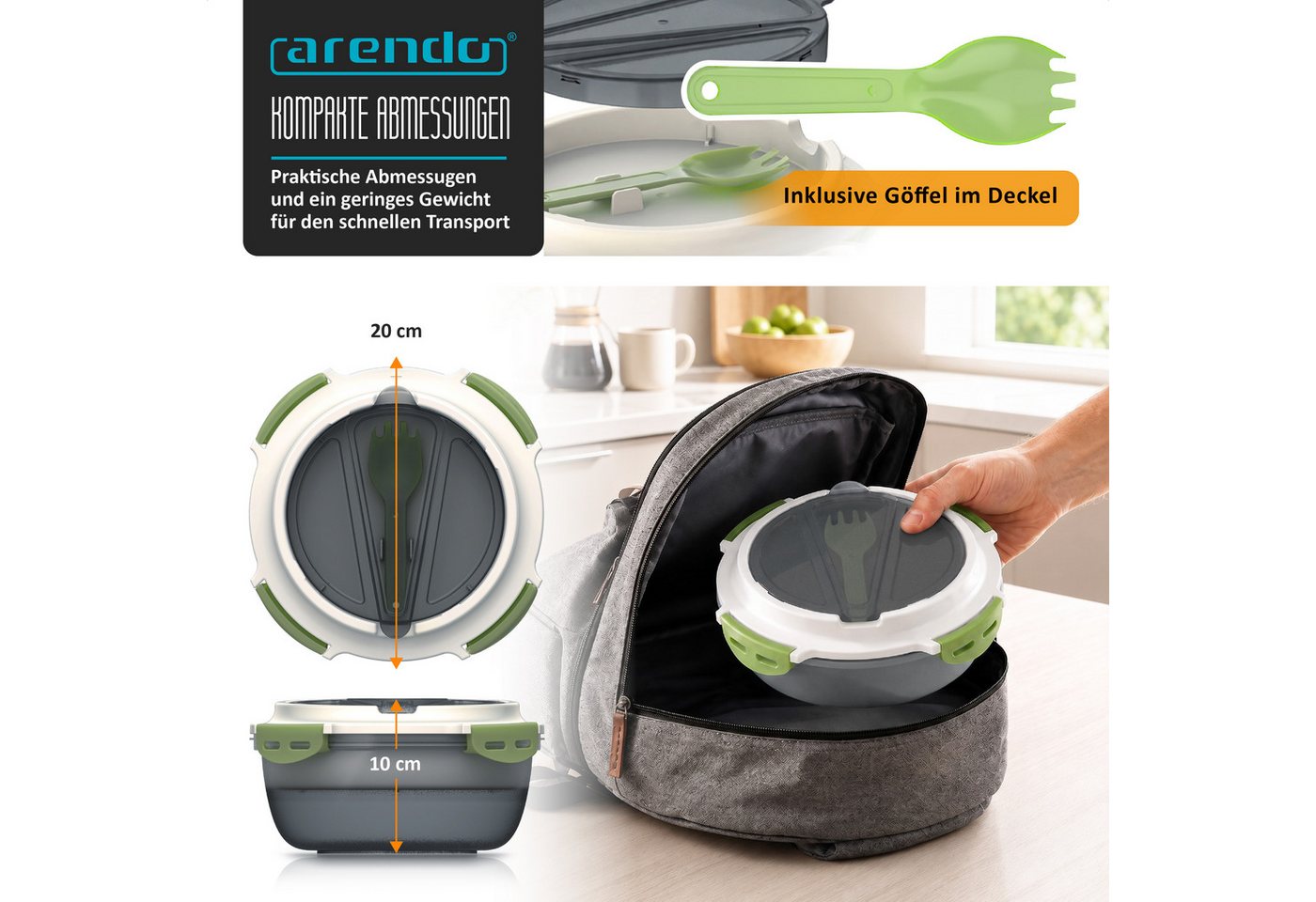 Arendo Lunchbox Meal Prep Box 1,2l, rund, luftdicht, Brotdose mit Trenntablett & Spork, Kunststoff, (1-tlg., 2 Trennstege, 2 Silikondichtungen), für Erwachsene, – Bild 3 von 5