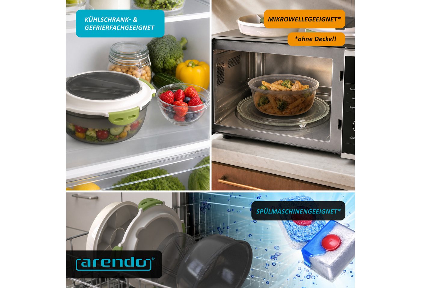 Arendo Lunchbox Meal Prep Box 1,2l, rund, luftdicht, Brotdose mit Trenntablett & Spork, Kunststoff, (1-tlg., 2 Trennstege, 2 Silikondichtungen), für Erwachsene, – Bild 5 von 5