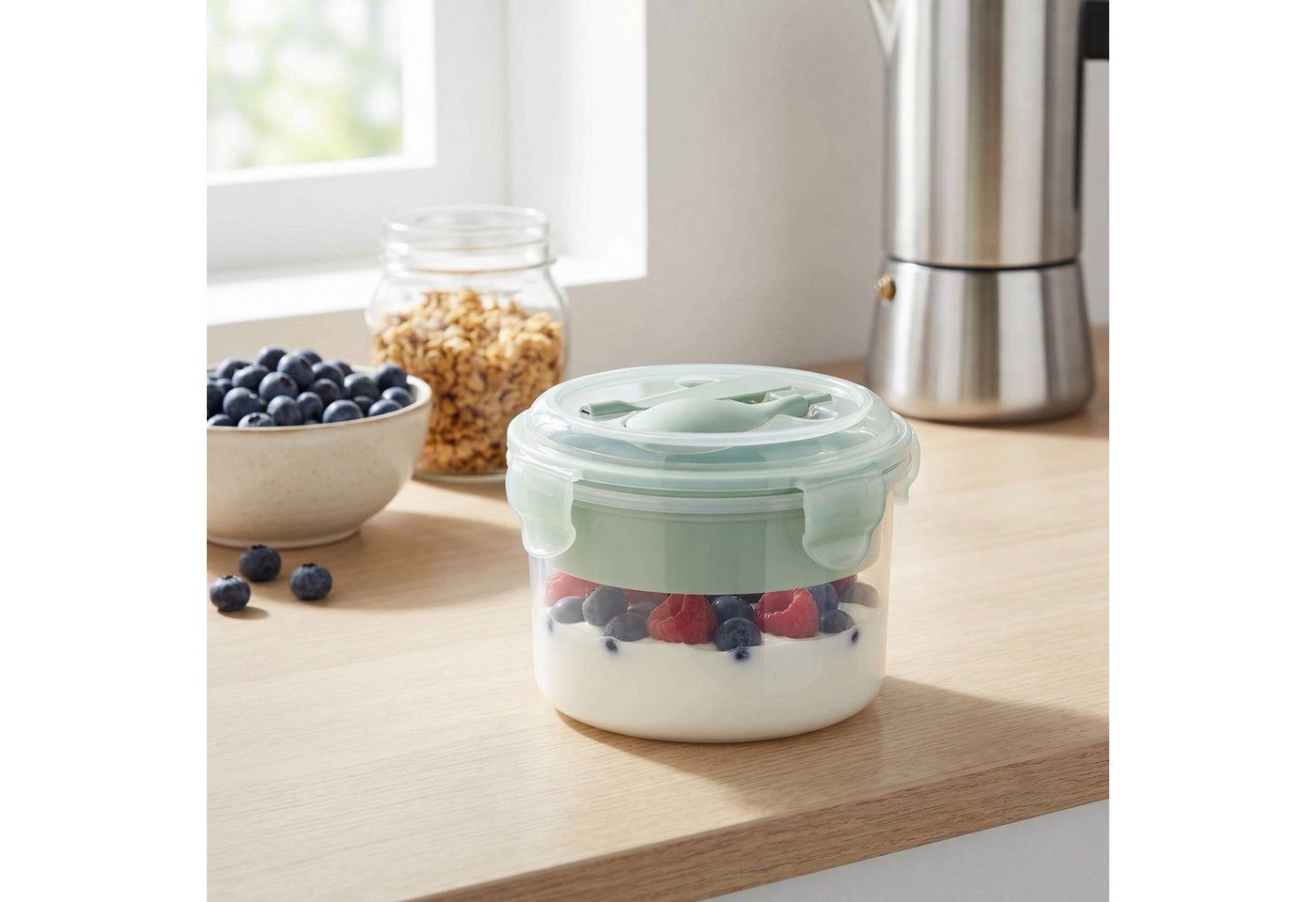 Arendo Lunchbox Snackbecher mit Besteck (Löffel), Müslibecher für unterwegs, 500ml, Kunststoff, (Set, 4-tlg., inkl. Trenneinsatz und Löffel), Auslaufsicher, mik – Bild 2 von 4