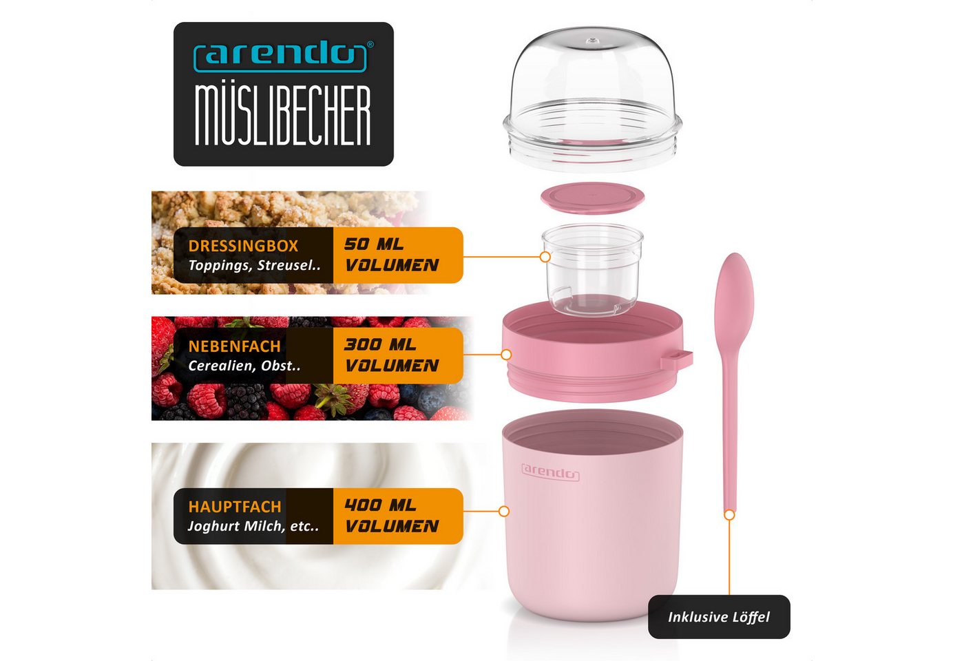 Arendo Mehrwegbecher Müslibecher mit Löffel, Aufbewahrungsbecher 750ml, To Go, Kunststoff, (1-tlg., 1 x Joghurtbecher, 1 x Klarsichtdeckel, 1 x Dressingbox, 1 x – Bild 2 von 5