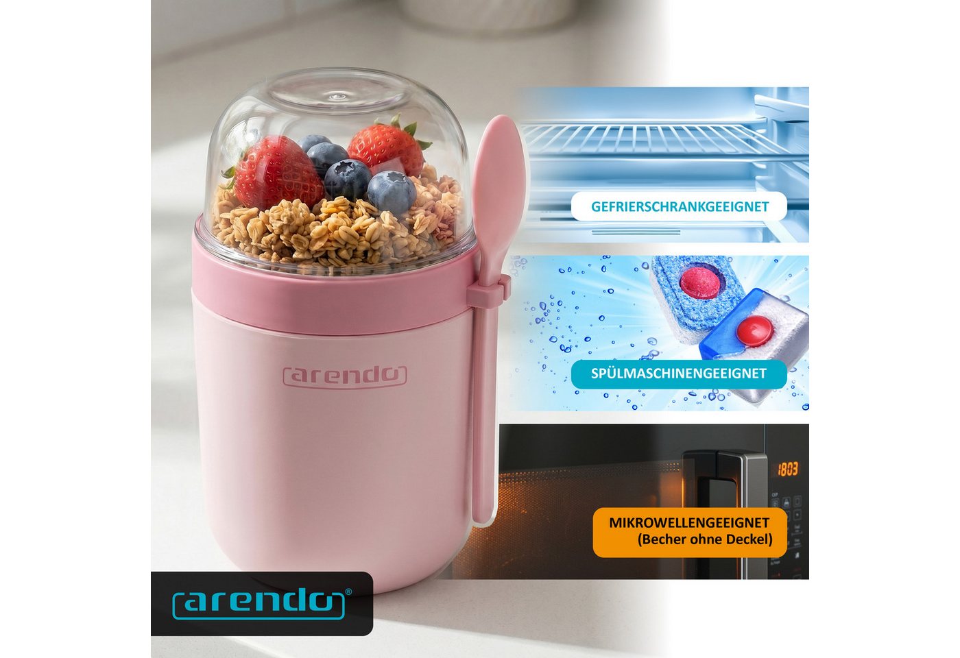 Arendo Mehrwegbecher Müslibecher mit Löffel, Aufbewahrungsbecher 750ml, To Go, Kunststoff, (1-tlg., 1 x Joghurtbecher, 1 x Klarsichtdeckel, 1 x Dressingbox, 1 x – Bild 3 von 5