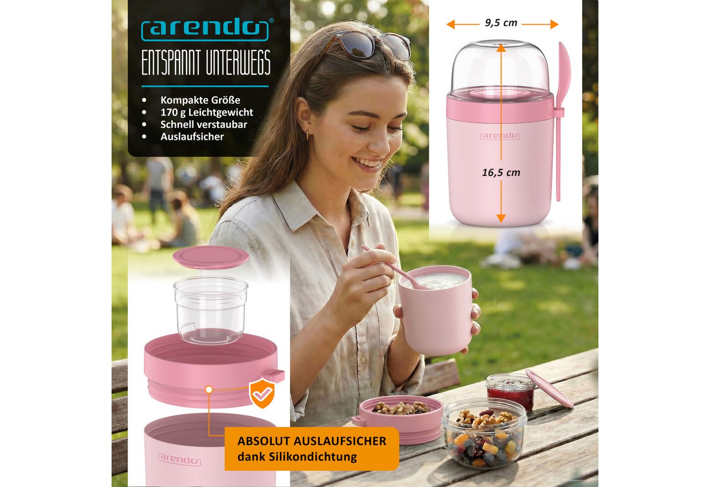 Arendo Mehrwegbecher Müslibecher mit Löffel, Aufbewahrungsbecher 750ml, To Go, Kunststoff, (1-tlg., 1 x Joghurtbecher, 1 x Klarsichtdeckel, 1 x Dressingbox, 1 x – Bild 4 von 5