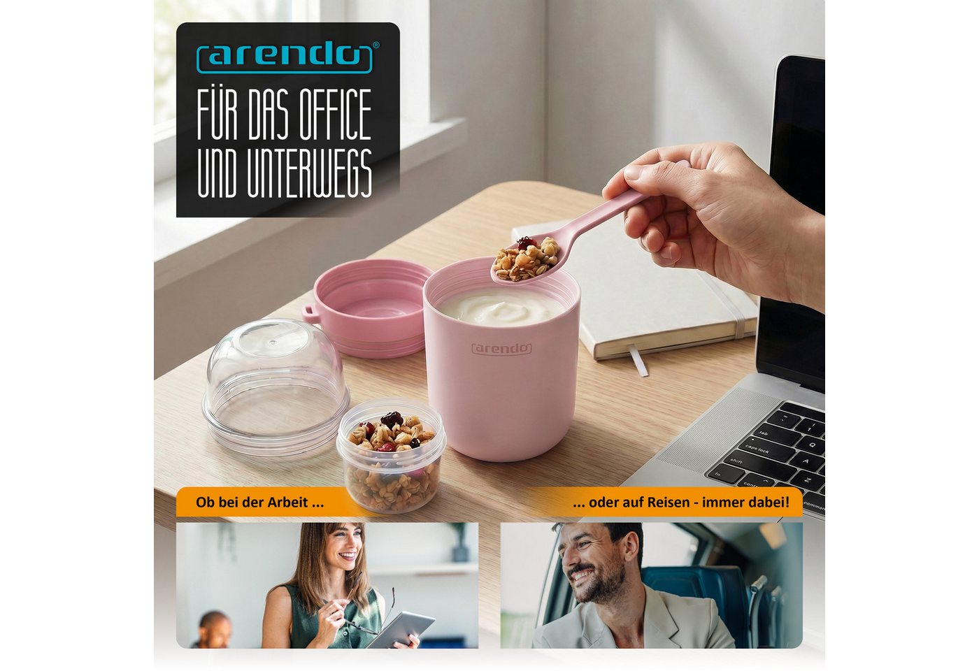Arendo Mehrwegbecher Müslibecher mit Löffel, Aufbewahrungsbecher 750ml, To Go, Kunststoff, (1-tlg., 1 x Joghurtbecher, 1 x Klarsichtdeckel, 1 x Dressingbox, 1 x – Bild 5 von 5