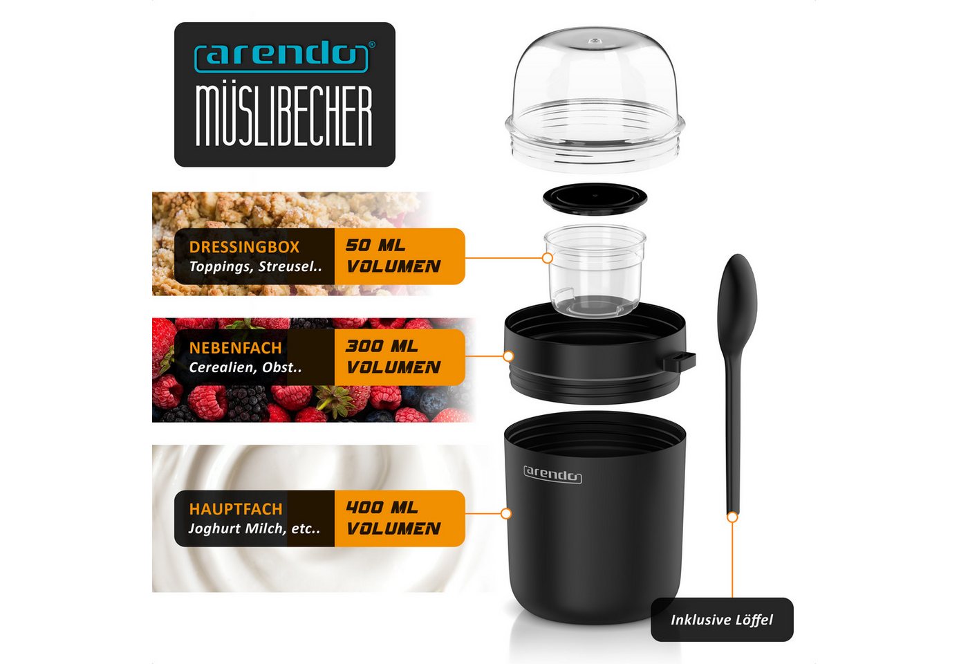 Arendo Mehrwegbecher Müslibecher mit Löffel, Aufbewahrungsbecher 750ml, To Go, Kunststoff, (1-tlg., 1 x Joghurtbecher, 1 x Klarsichtdeckel, 1 x Dressingbox, 1 x – Bild 2 von 5