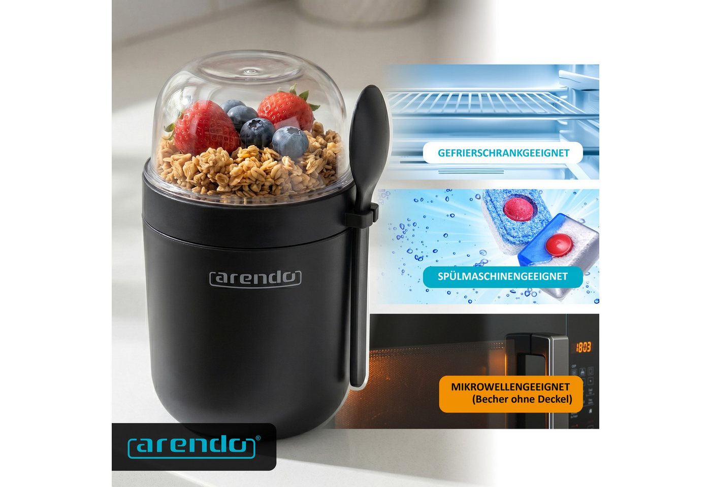 Arendo Mehrwegbecher Müslibecher mit Löffel, Aufbewahrungsbecher 750ml, To Go, Kunststoff, (1-tlg., 1 x Joghurtbecher, 1 x Klarsichtdeckel, 1 x Dressingbox, 1 x – Bild 3 von 5