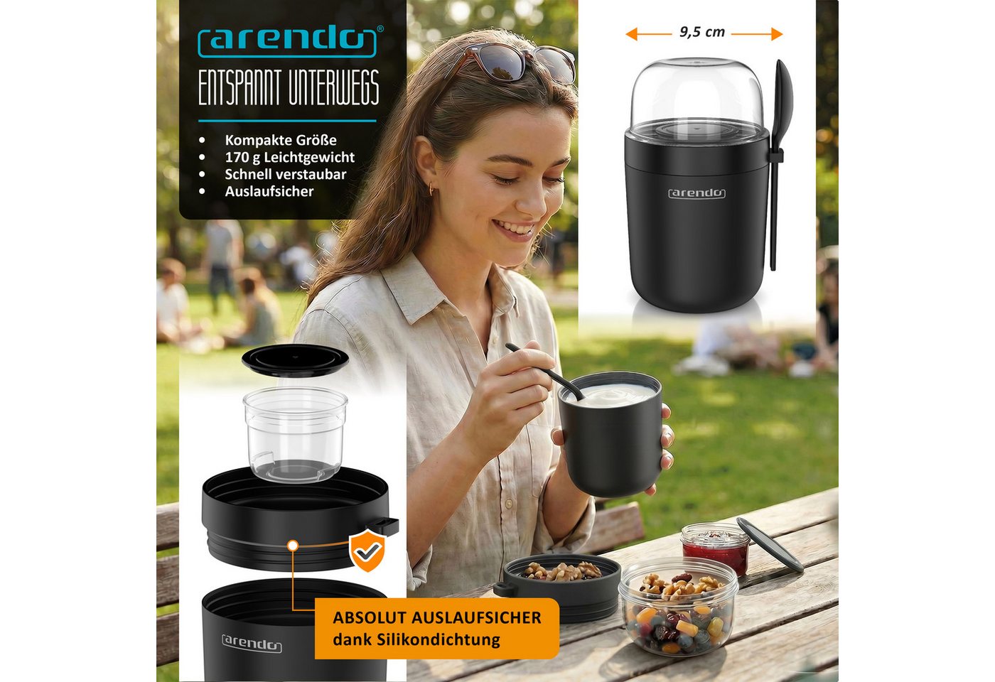 Arendo Mehrwegbecher Müslibecher mit Löffel, Aufbewahrungsbecher 750ml, To Go, Kunststoff, (1-tlg., 1 x Joghurtbecher, 1 x Klarsichtdeckel, 1 x Dressingbox, 1 x – Bild 4 von 5