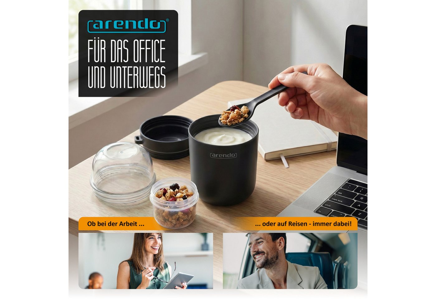 Arendo Mehrwegbecher Müslibecher mit Löffel, Aufbewahrungsbecher 750ml, To Go, Kunststoff, (1-tlg., 1 x Joghurtbecher, 1 x Klarsichtdeckel, 1 x Dressingbox, 1 x – Bild 5 von 5