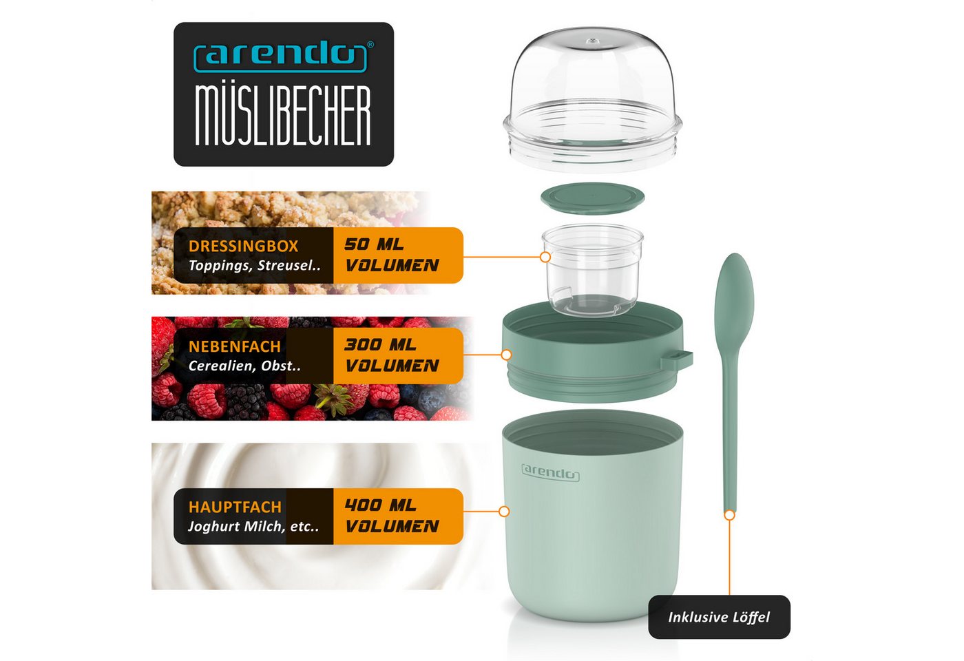 Arendo Mehrwegbecher Müslibecher mit Löffel, Aufbewahrungsbecher 750ml, To Go, Kunststoff, (1-tlg., 1 x Joghurtbecher, 1 x Klarsichtdeckel, 1 x Dressingbox, 1 x – Bild 2 von 5