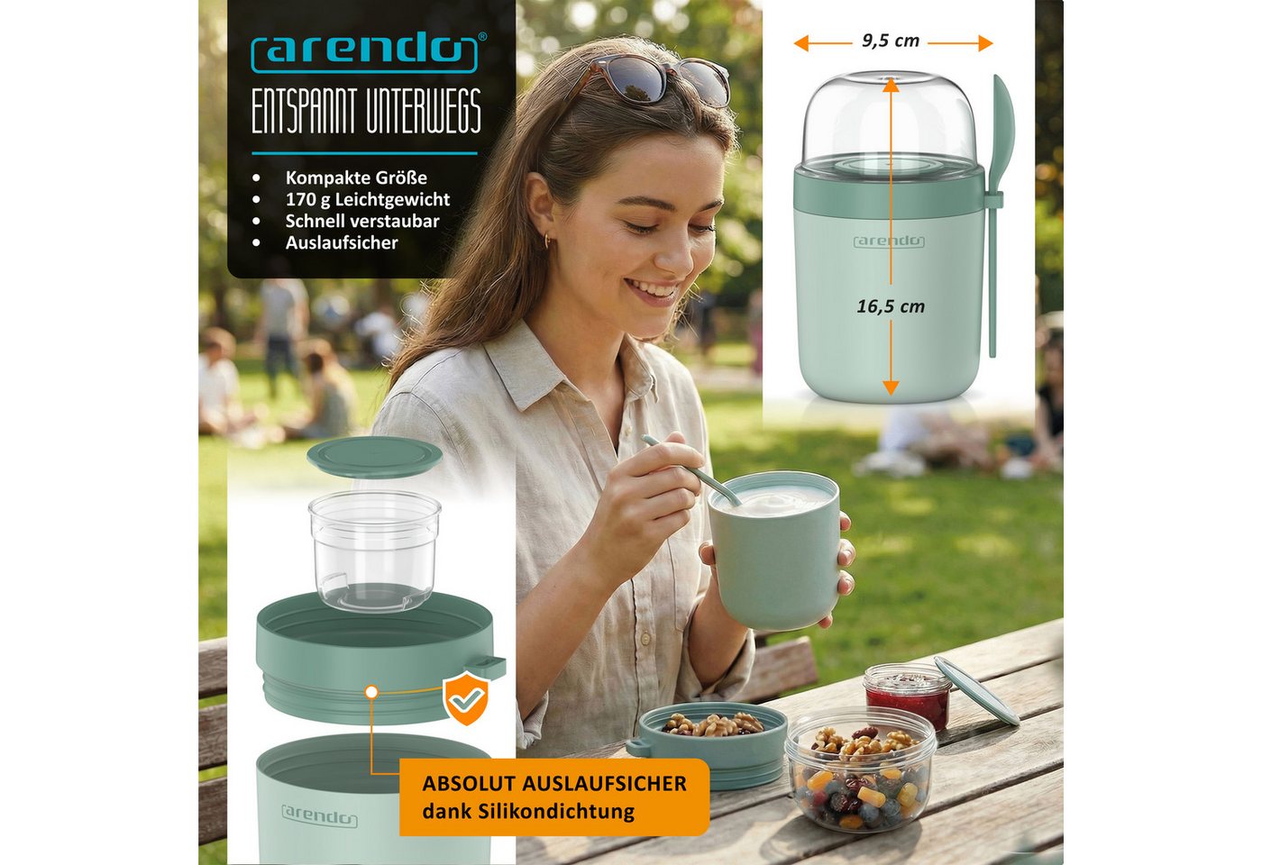 Arendo Mehrwegbecher Müslibecher mit Löffel, Aufbewahrungsbecher 750ml, To Go, Kunststoff, (1-tlg., 1 x Joghurtbecher, 1 x Klarsichtdeckel, 1 x Dressingbox, 1 x – Bild 3 von 5