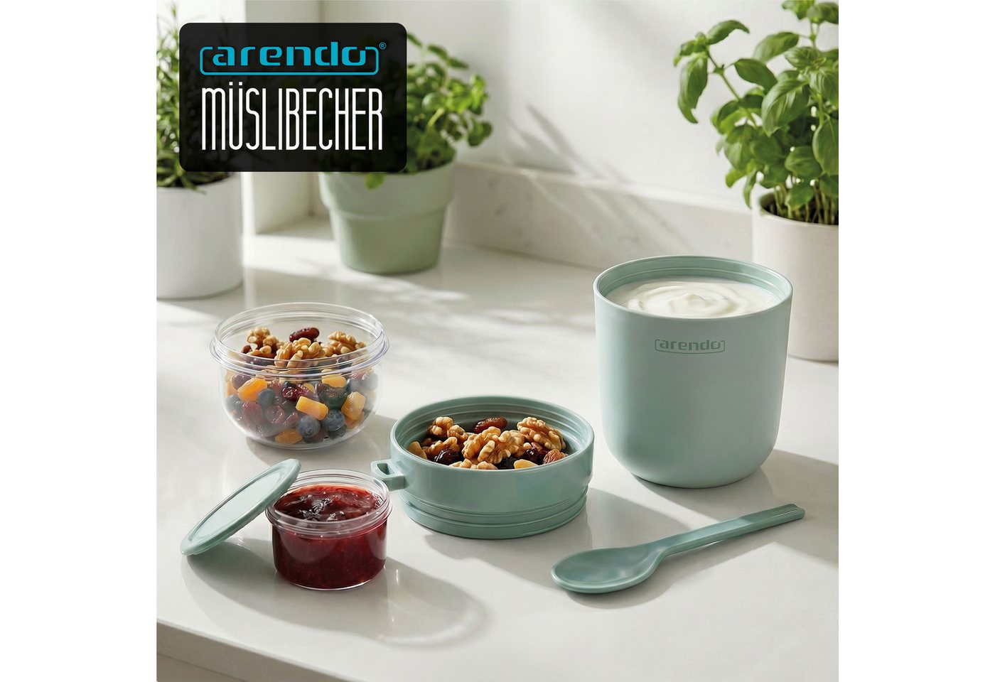 Arendo Mehrwegbecher Müslibecher mit Löffel, Aufbewahrungsbecher 750ml, To Go, Kunststoff, (1-tlg., 1 x Joghurtbecher, 1 x Klarsichtdeckel, 1 x Dressingbox, 1 x – Bild 4 von 5