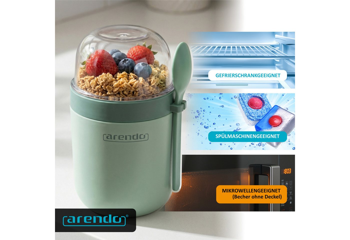 Arendo Mehrwegbecher Müslibecher mit Löffel, Aufbewahrungsbecher 750ml, To Go, Kunststoff, (1-tlg., 1 x Joghurtbecher, 1 x Klarsichtdeckel, 1 x Dressingbox, 1 x – Bild 5 von 5