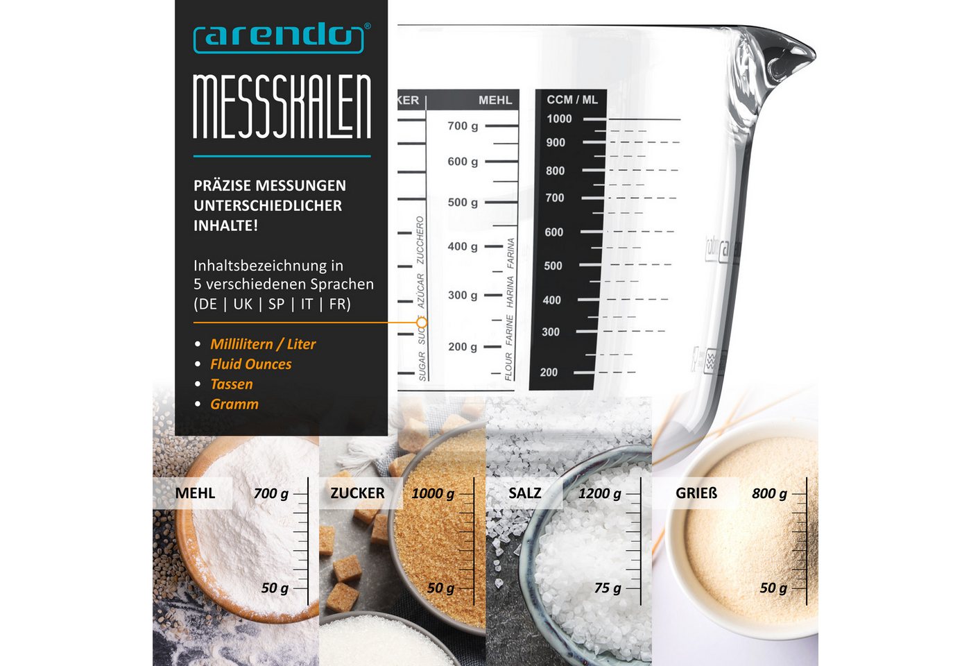 Arendo Messbecher 1 l Glas Messkrug, Borosilikatglas, Mikrowellengeeignet, Rührschüssel, Glas, (1-St), mit Deckel, präzise Skala, hitzebeständig, 1000 ml – Bild 4 von 5