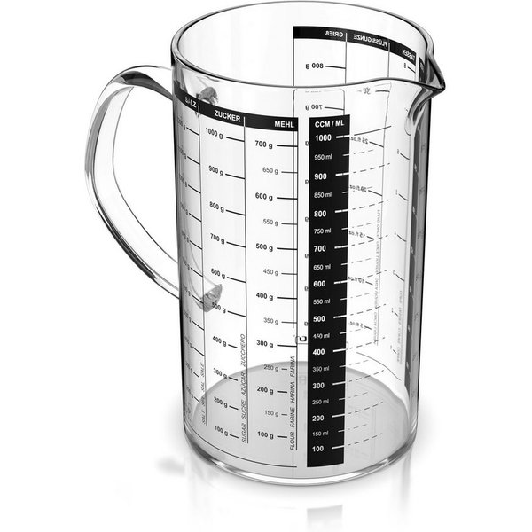 Arendo Messbecher 1 l Glas Messkrug Set, Borosilikatglas, hitzebeständig, Küchenbehälter, Glas, (1-St), präzise Skala, hitzebeständig, mikrowellengeeignet, 1000