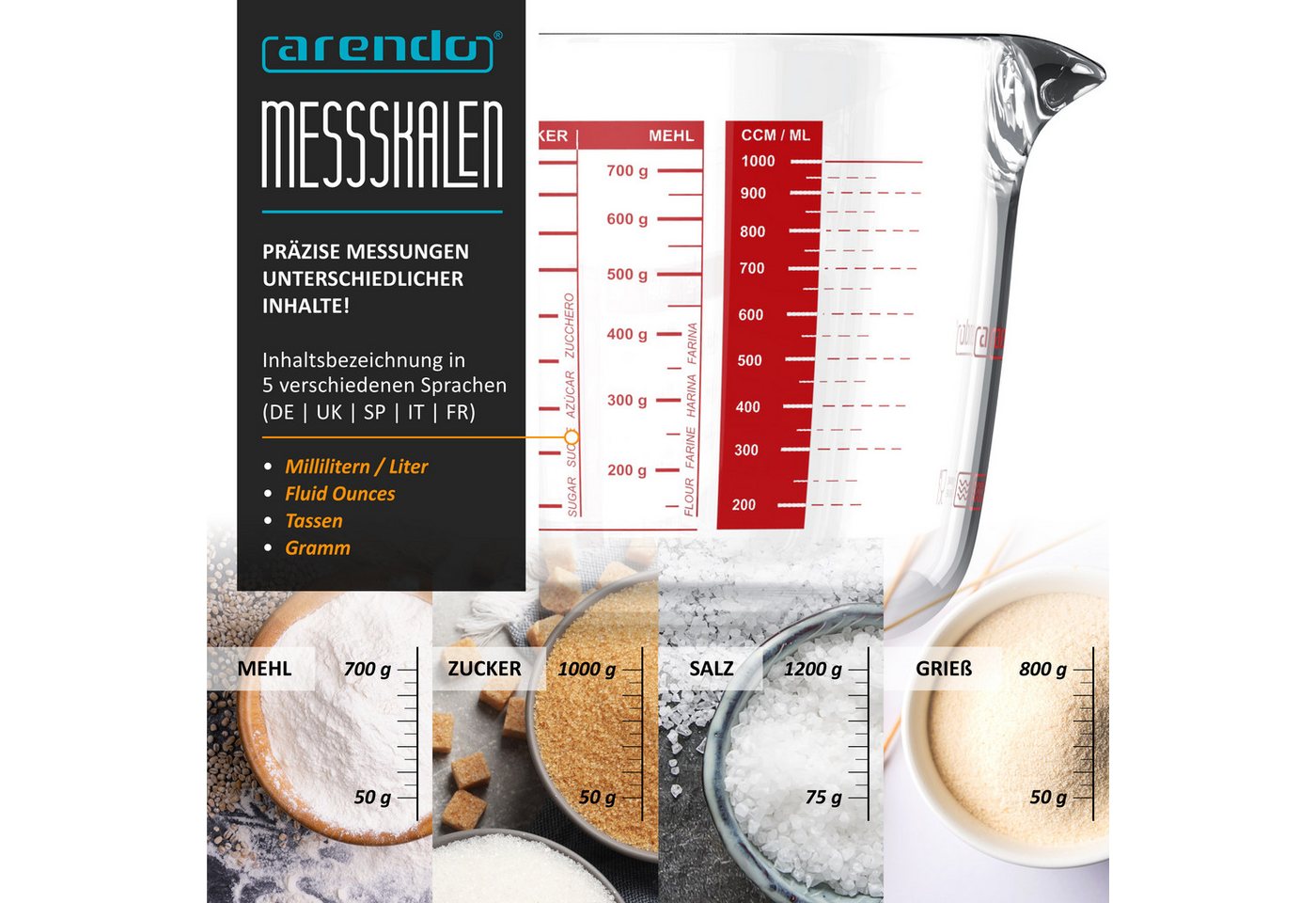 Arendo Messbecher 1 l Glas Messkrug Set mit Deckel, Borosilikatglas, hitzebeständig, Glas, (1-St), präzise Skala, hitzebeständig, mikrowellengeeignet, 1000 ml – Bild 4 von 5