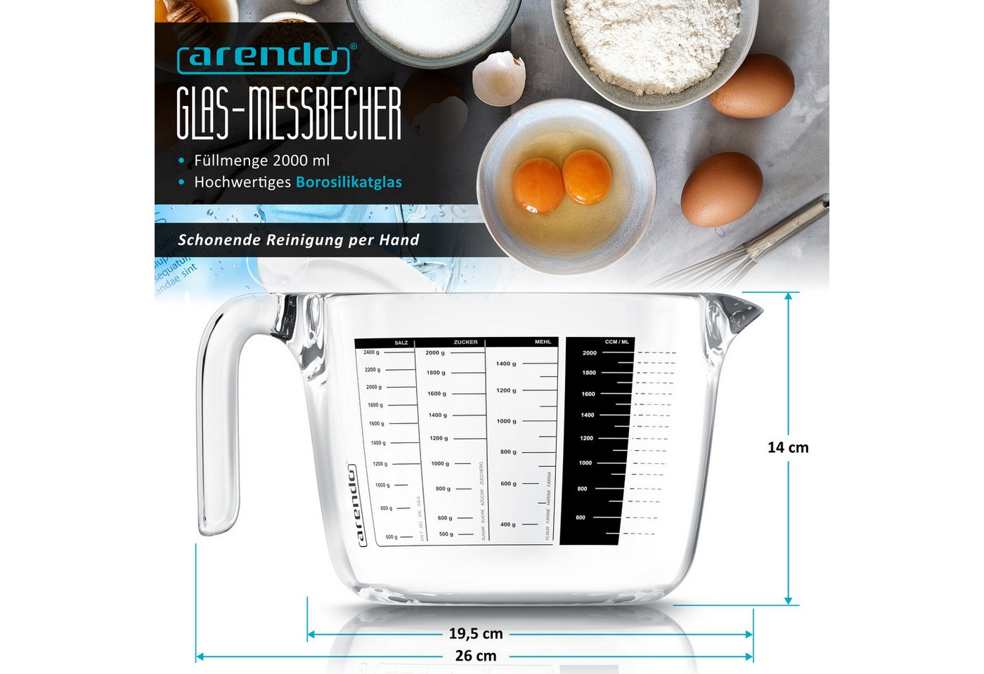 Arendo Messbecher 2000 ml Glas Messkrug Set, Borosilikatglas, hitzebeständig, Glas, (1-St), 2 l, präzise Skala, hitzebeständig, mikrowellengeeignet, Küchenhelfe – Bild 2 von 5