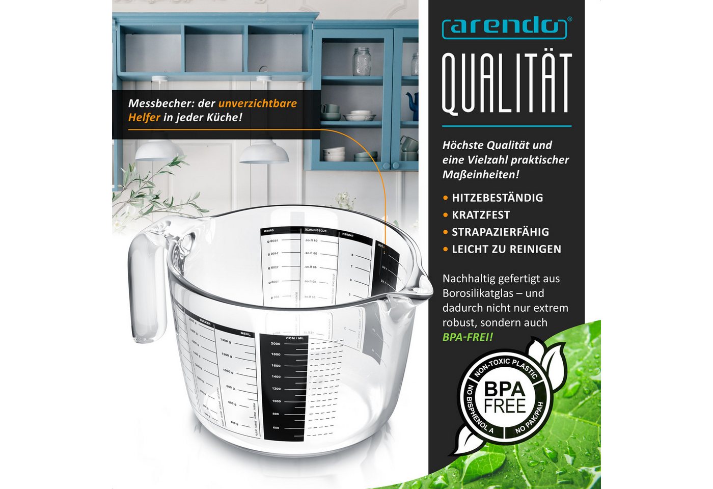 Arendo Messbecher 2000 ml Glas Messkrug Set, Borosilikatglas, hitzebeständig, Glas, (1-St), 2 l, präzise Skala, hitzebeständig, mikrowellengeeignet, Küchenhelfe – Bild 3 von 5