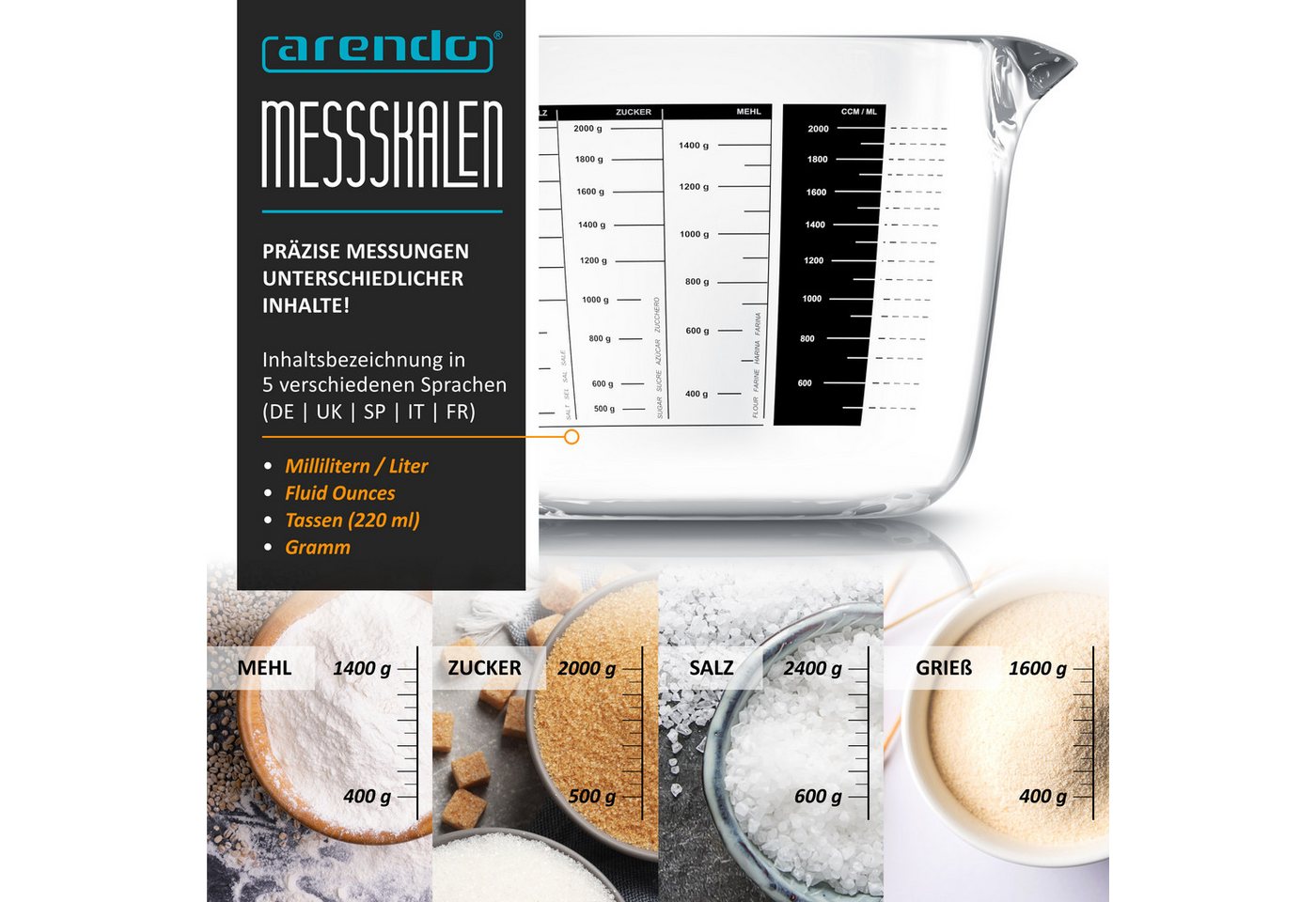 Arendo Messbecher 2000 ml Glas Messkrug Set, Borosilikatglas, hitzebeständig, Glas, (1-St), 2 l, präzise Skala, hitzebeständig, mikrowellengeeignet, Küchenhelfe – Bild 4 von 5