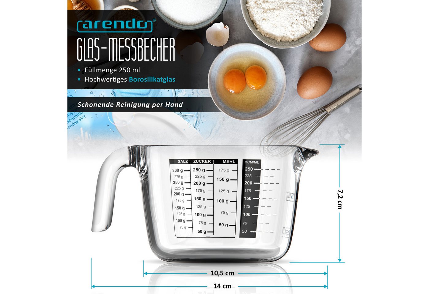 Arendo Messbecher 250 ml Glas Messkrug, Borosilikatglas, Mikrowellengeeignet, mit Deckel, Glas, (1-St), 0,25l, präzise Skala, hitzebeständig, Küchenhelfer mikro – Bild 2 von 5