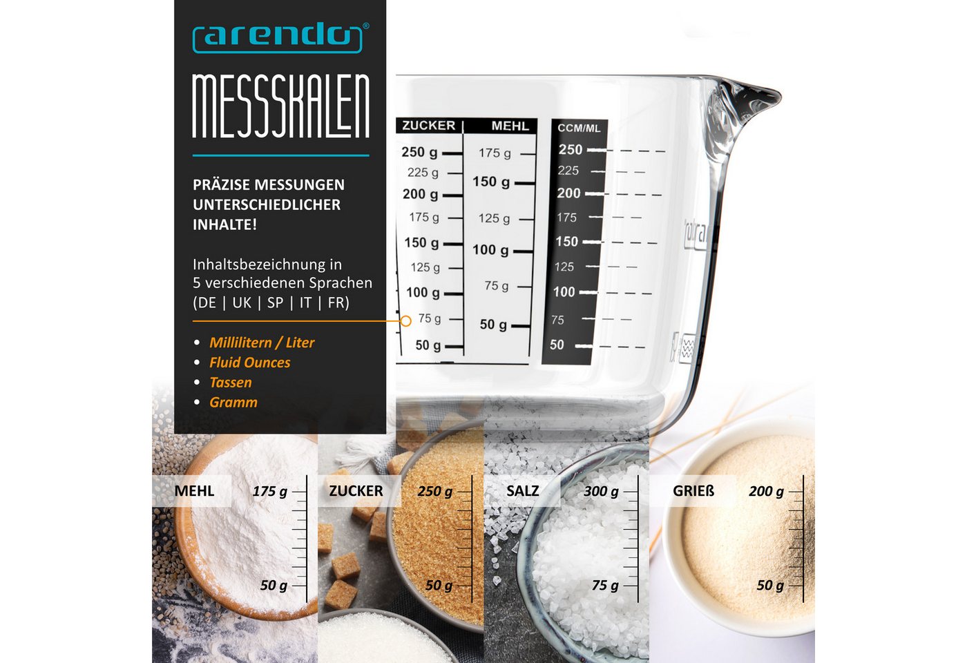 Arendo Messbecher 250 ml Glas Messkrug, Borosilikatglas, Mikrowellengeeignet, mit Deckel, Glas, (1-St), 0,25l, präzise Skala, hitzebeständig, Küchenhelfer mikro – Bild 4 von 5