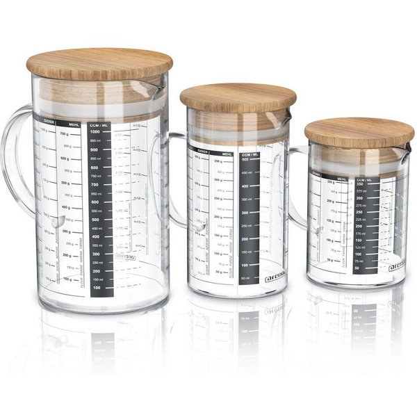 Arendo Messbecher 250ml, 500 ml & 1000 ml Glas Messkrug Set mit Bambusdeckel, luftdicht, Glas, (Set, 3-St), Küchenbehälter, Silikondichtung, für Mehl Zucker Gew