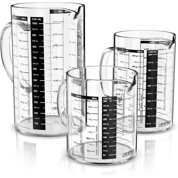 Arendo Messbecher 350ml, 500ml & 1000ml Glas Messkrug Set, Borosilikat, Ausguss & Henkel, Glas, (Set, 3-St., 3x Rührbecher: 0,35 L / 0,5 L / 1 L), Küchenbehälte