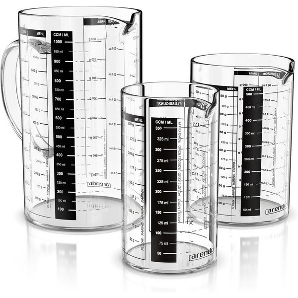 Arendo Messbecher 350ml, ineinander stapelbar, 500 ml & 1000 ml Glas Messkrug Set, Glas, (Set, 3-St., 3x Borosilikat Rührbecher: 0,35 L / 0,5 L / 1 L), Küchenbe