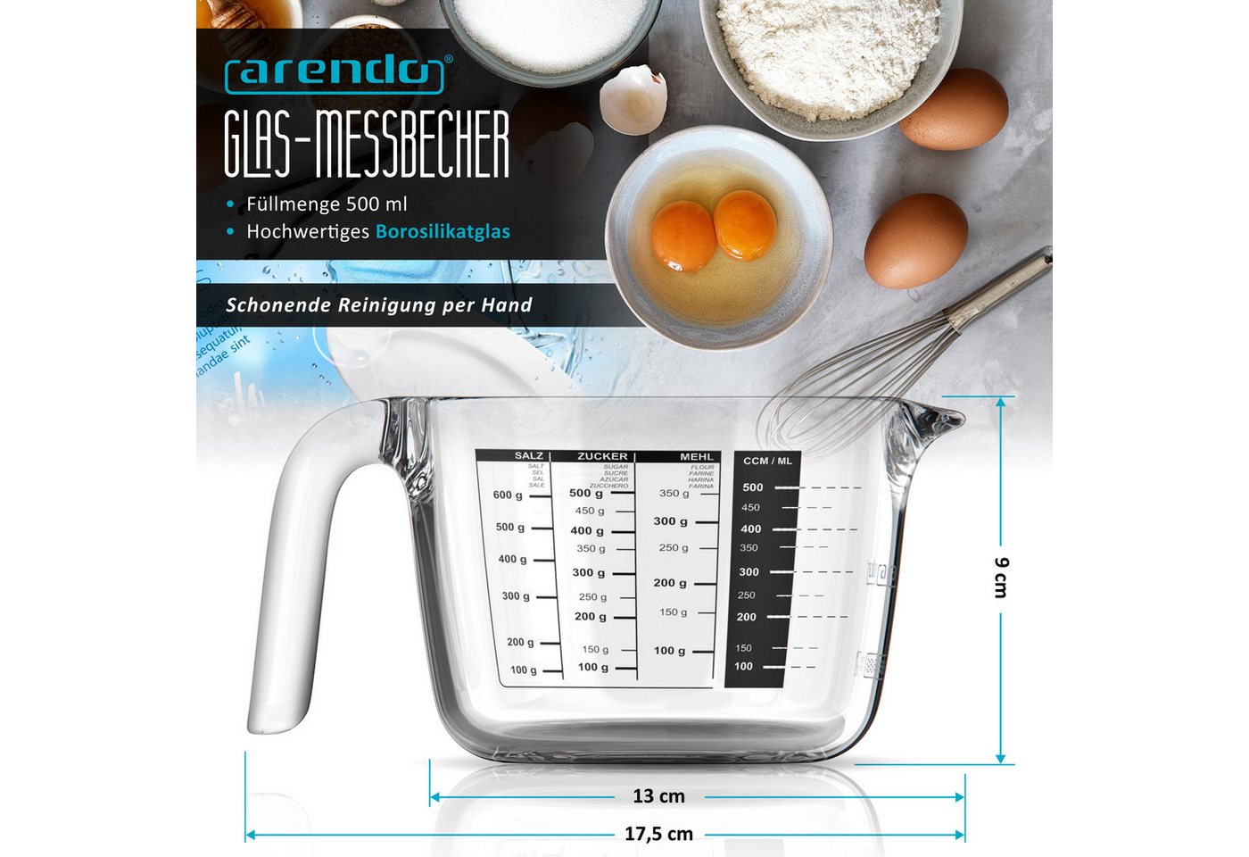 Arendo Messbecher 500 ml Glas Messkrug, Mikrowellengeeignet, Borosilikatglas, Glas, (1-St), 0,5l, präzise Skala, hitzebeständig, mikrowellengeeignet, Küchenhelf – Bild 2 von 5