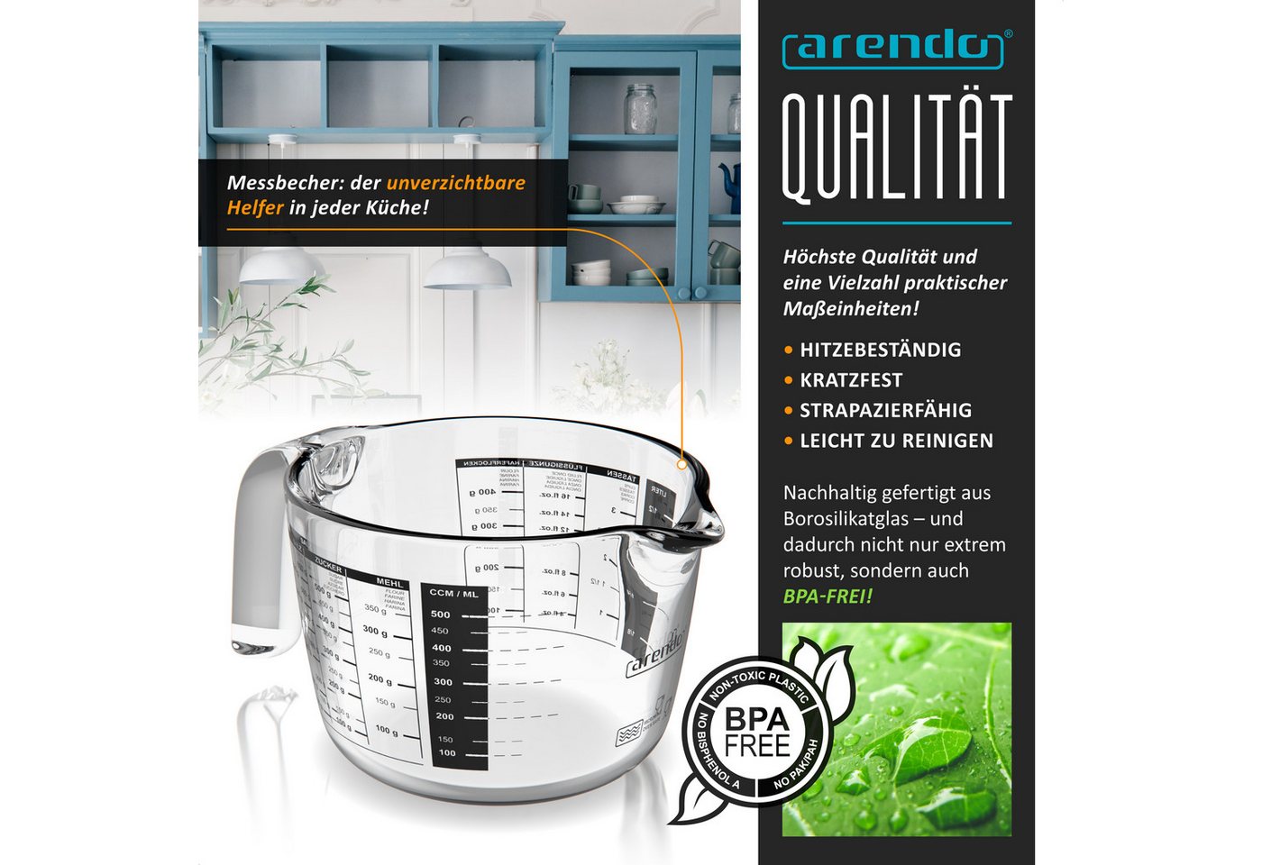 Arendo Messbecher 500 ml Glas Messkrug, Mikrowellengeeignet, Borosilikatglas, Glas, (1-St), 0,5l, präzise Skala, hitzebeständig, mikrowellengeeignet, Küchenhelf – Bild 3 von 5